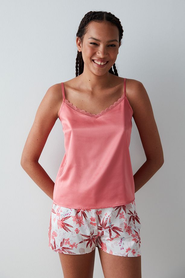 Rosy Solid Saten Atlet Pijama Üstü - 1