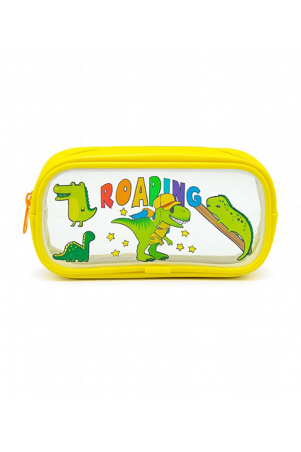 01112 Sarı Renk Dino Desenli Şeffaf Su Geçirmez Tek Bölmeli Kalem Kutusu - 1