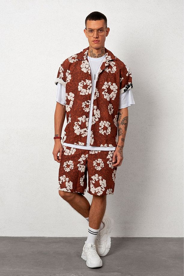Kahve Çiçekli Kapitone Oversize Erkek Gömlek - 4