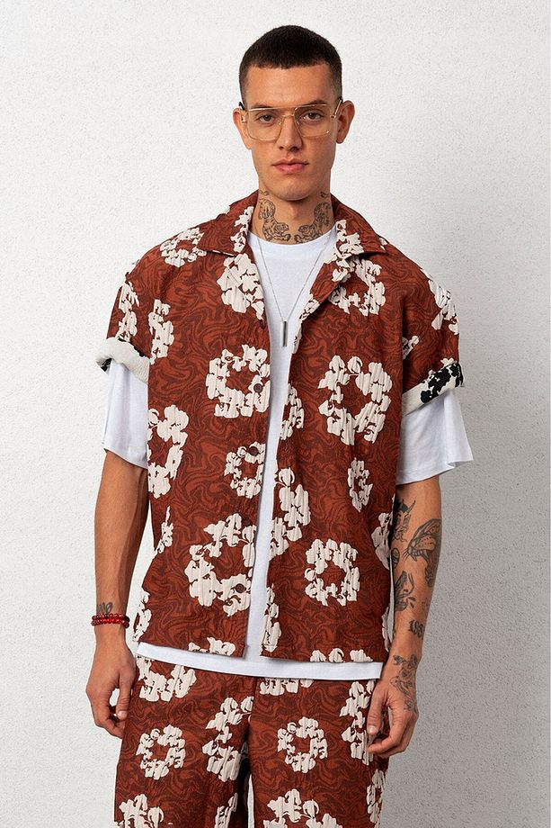 Kahve Çiçekli Kapitone Oversize Erkek Gömlek - 1