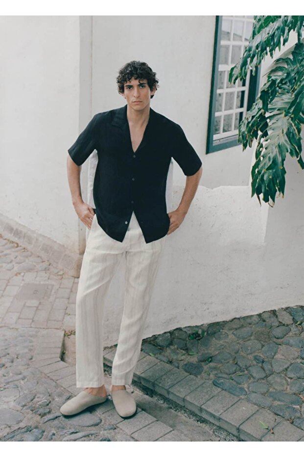 Elastik bel bantlı %100 keten pantolon - 6