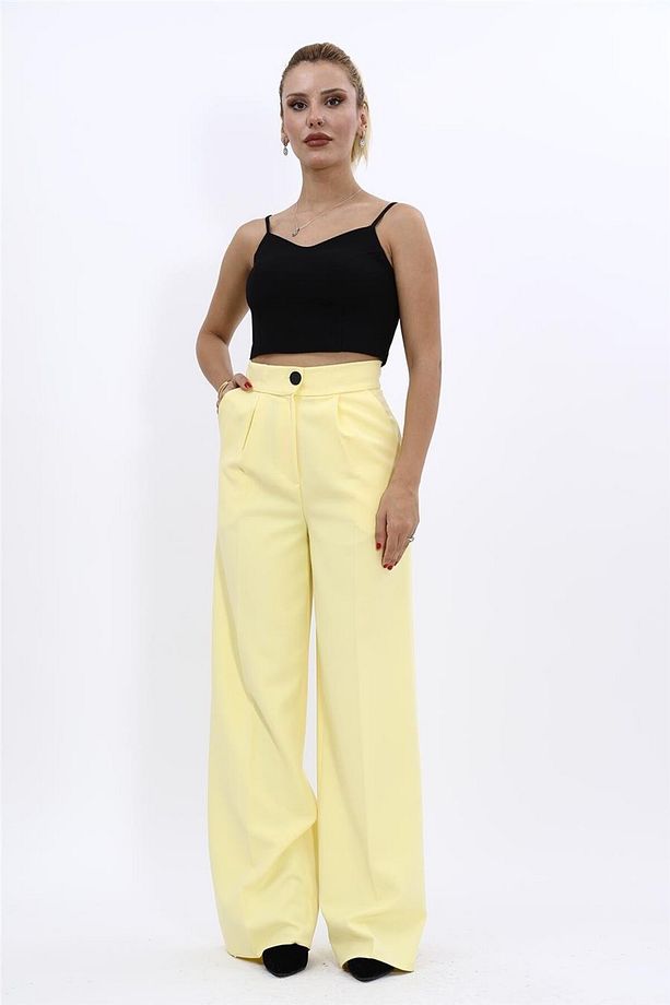 Yüksek Bel Bol Paça Pantolon-Sarı - 5