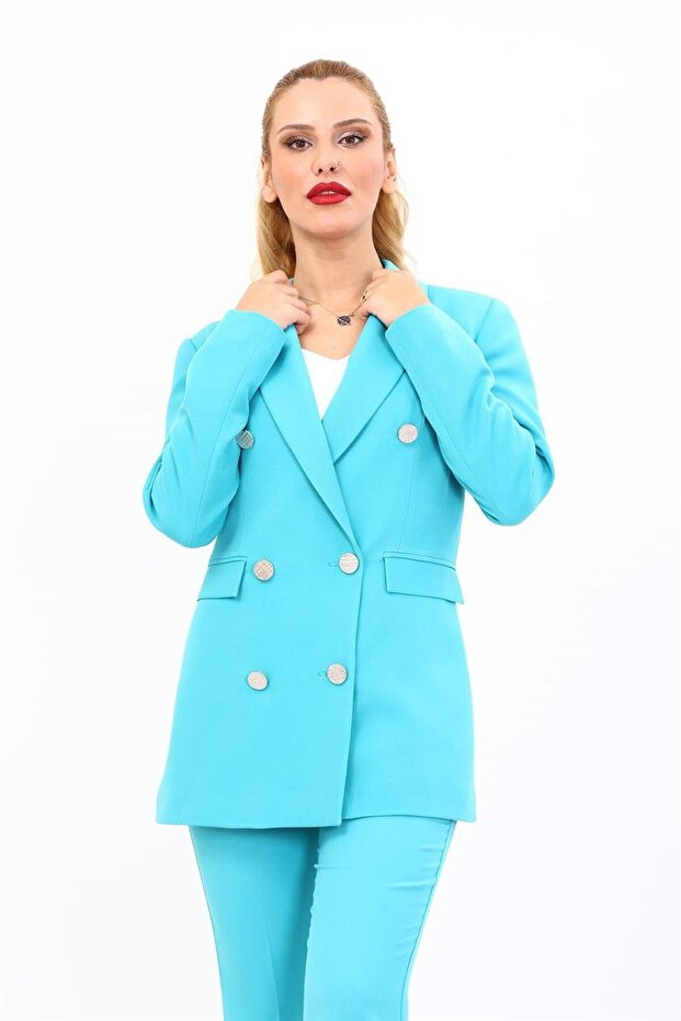 Men's Collared Kuruvaze Blazer Jacket-Turquoise - 1034100