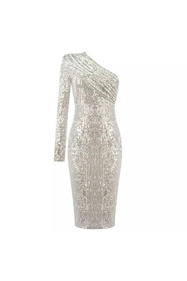 Lüks Designer Tek Omuzlu Payet Sequins Elbise Gece Parti Davet Özel Davet Elbise - 3