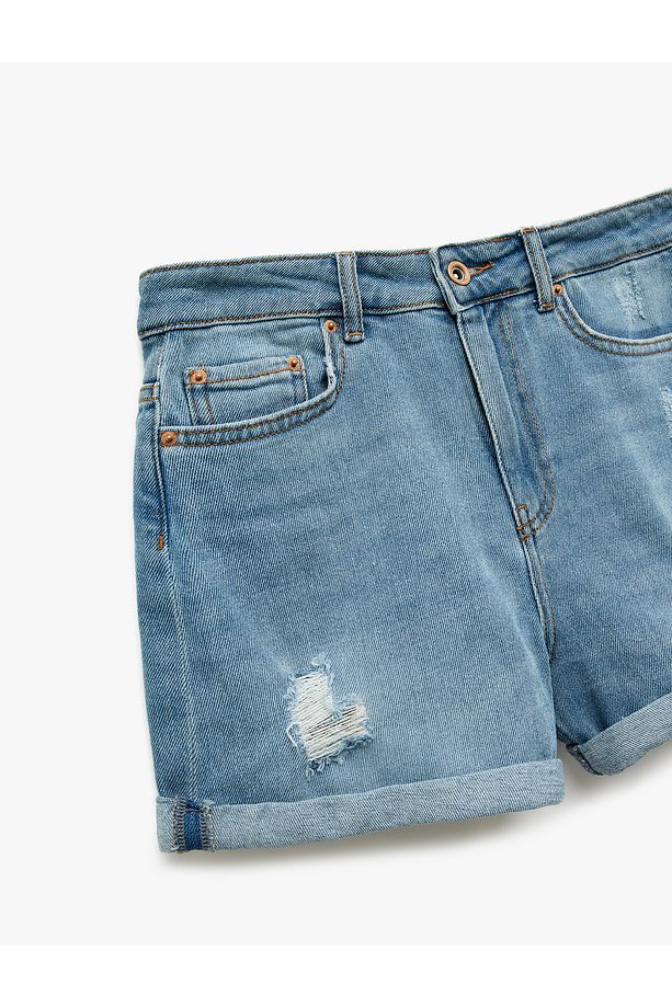Mini Kot Şort Yüksek Bel Skinny Fit Yıpratılmış Cepli - 6