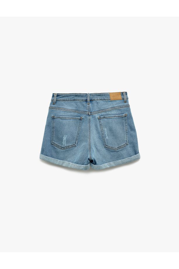 Mini Kot Şort Yüksek Bel Skinny Fit Yıpratılmış Cepli - 5