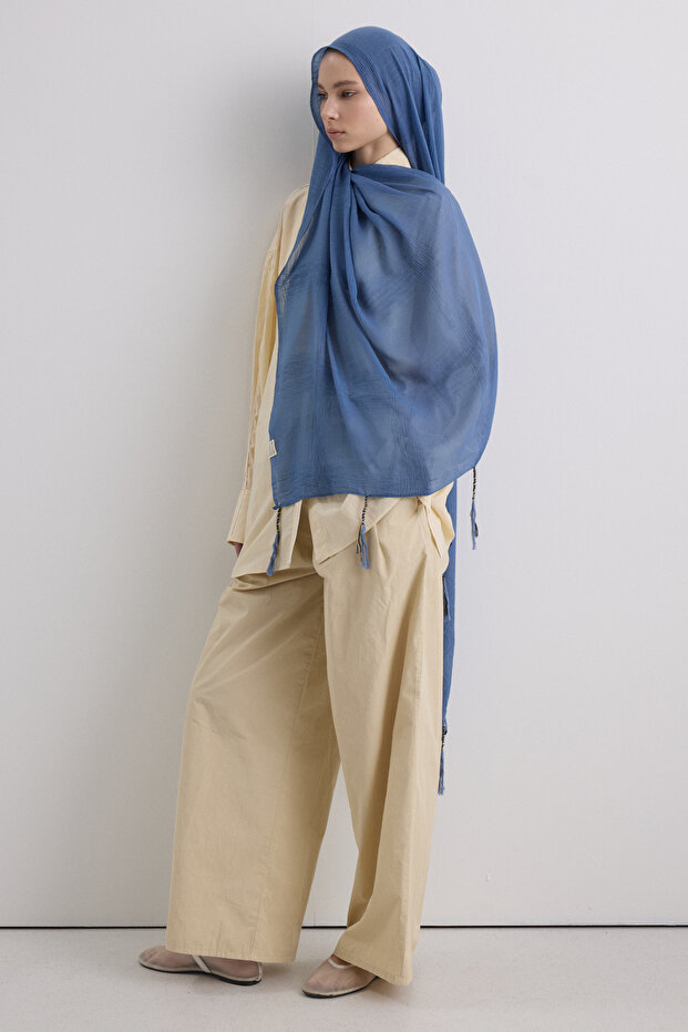 Tasseled 50% Cotton Brice Shawl - Indigo