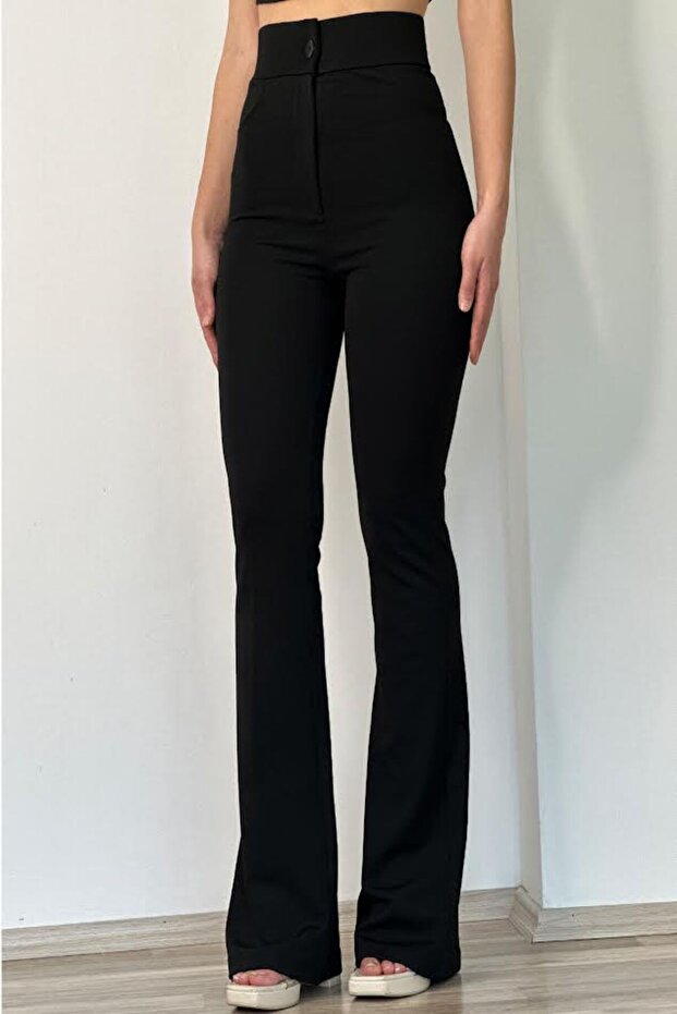 Black Extra High Waist Gathering Flared Leg Ribbed Stitched Fabric Trousers