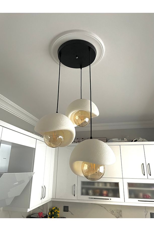 3'lü Modern Sarkıt Avize – Beton Doku, Şık Tasarım Oturma odası- Salon (RUSTİK AMPUL HEDİYELİ) - 3