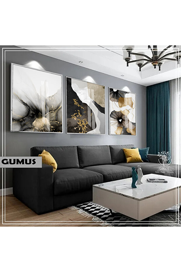 Amazing | Black&Gold Set Flower Pattern Combination | Framed Glass Table 3 Pieces Vertical