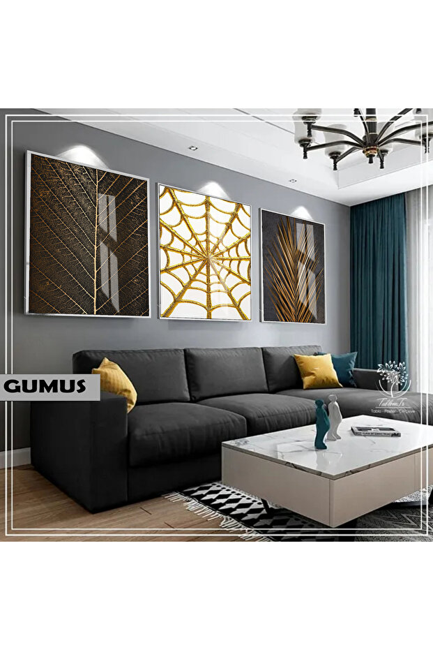 Amazing | Black&Gold Set Leaf Spider Web Combination | Framed Glass Table 3 Pieces Vertical