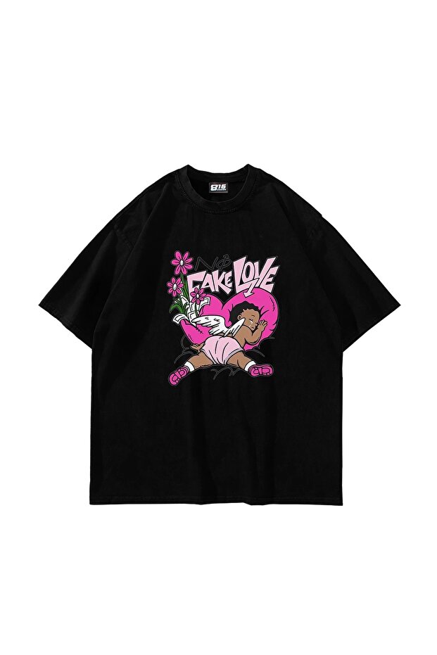 No Fake Love Printed Oversize Unisex Black Tshirt