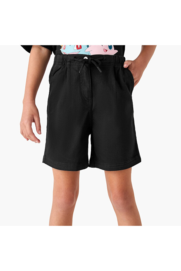 Solid Shorts with Drawstring Closure and Pockets - 1