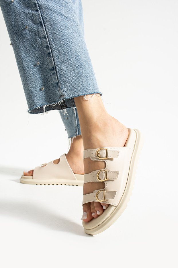 Beige Vegan Leather Three Buckle Gold Detailed Women's Slippers |   Stylish Summer Model with Orthopedic Soles