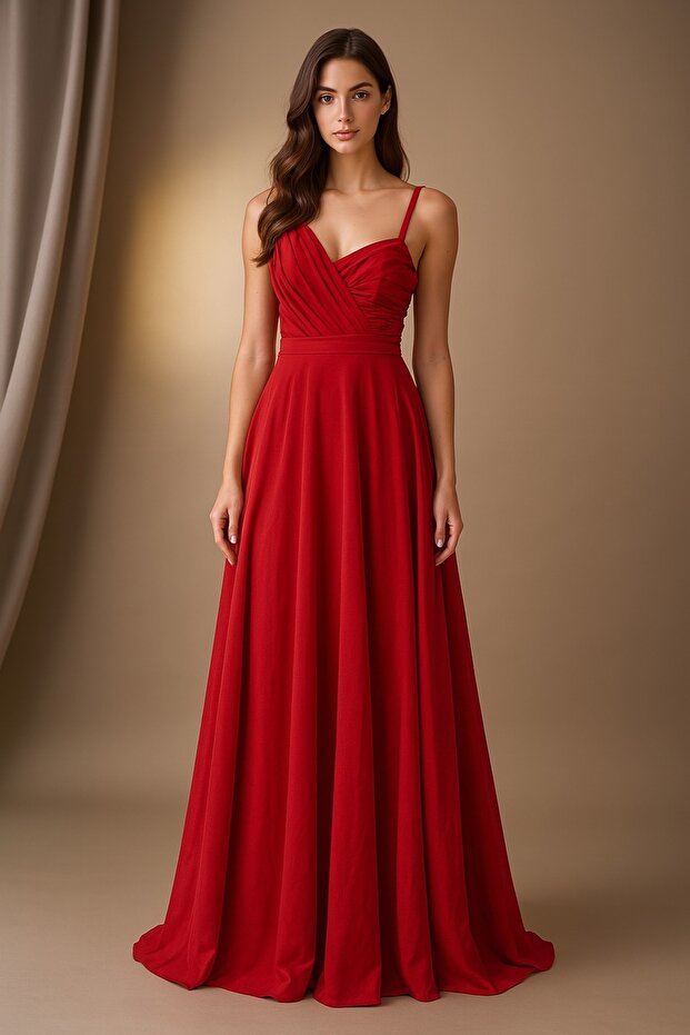 V Neck One Shoulder Colorful Patterned Tulle Evening Dress