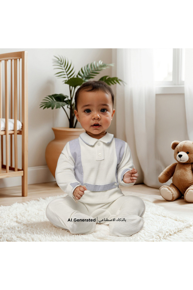 Solid Velour Collared Sleepsuit with Button Detail - 6