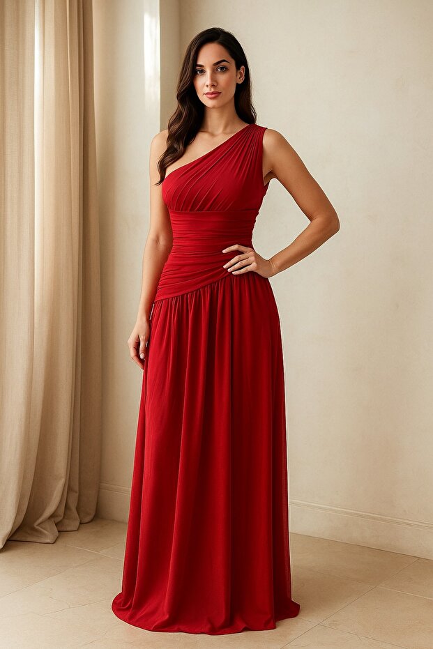 One-Shoulder Pleated Tulle Evening Dress