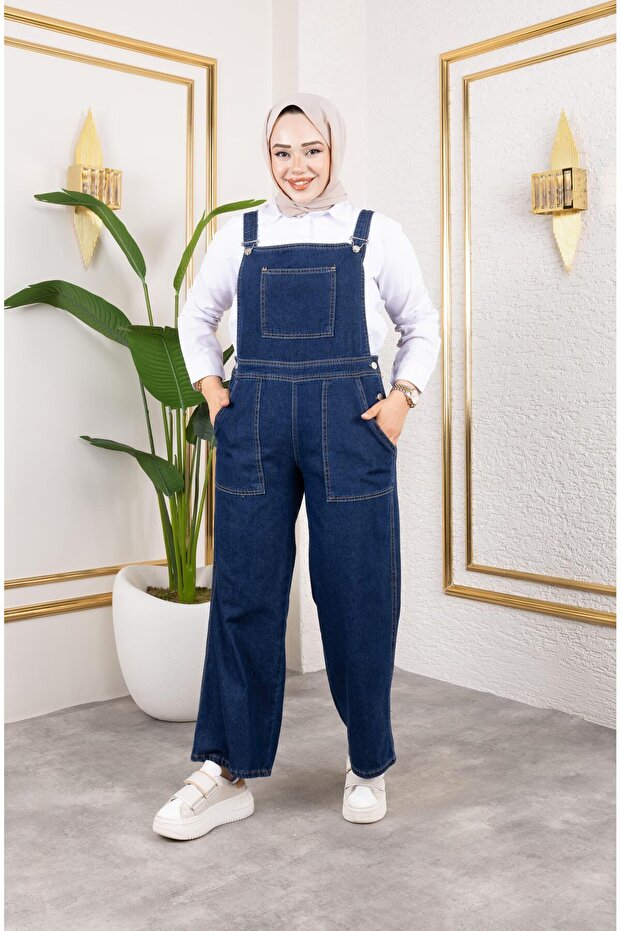 Women's Navy Blue Denim Jumpsuit with Pocket Detail and Strap