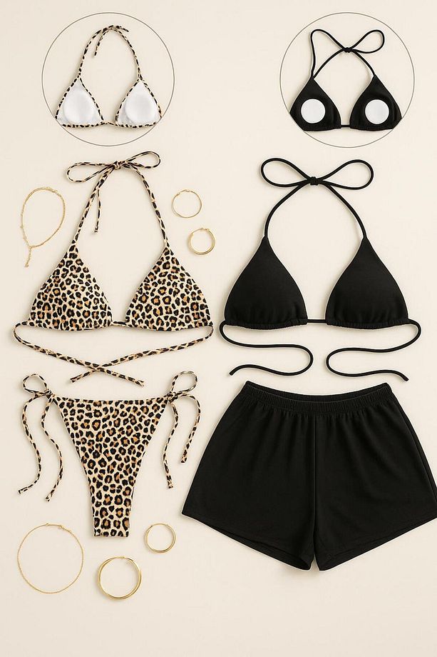 Kadın Siyah+Leopar Yandan Ve Boyundan Şort Bağlamalı Tangalı Üçgen Bikini Gecelik Deniz Takımı - 1