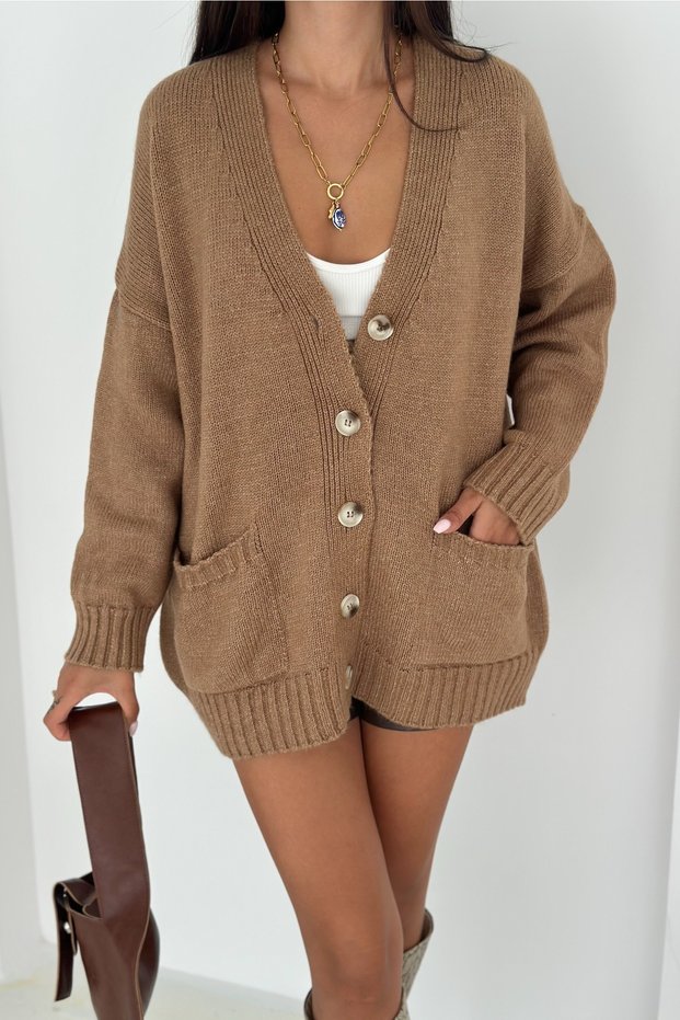 Women's Camel Wide Fit Standard Size Double Pocket Button Detailed Off Shoulder Oversize Knitwear Cardigan