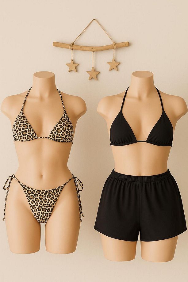 Kadın Siyah+Leopar Yandan Ve Boyundan Şort Bağlamalı Tangalı Üçgen Bikini Gecelik Deniz Takımı - 3