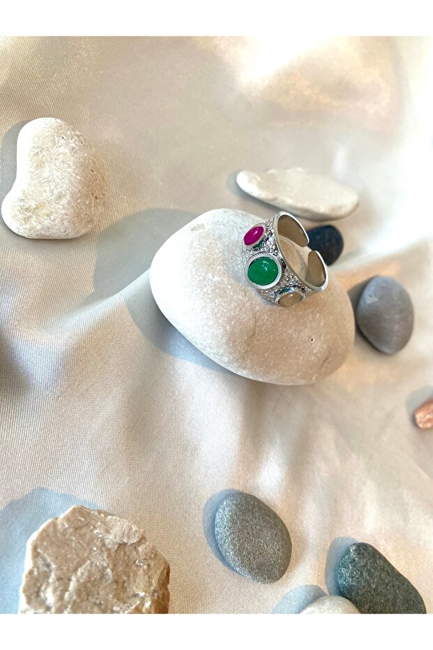 خاتم عتيق مكون من 3 أحجار فضية قابلة للتعديل - 2