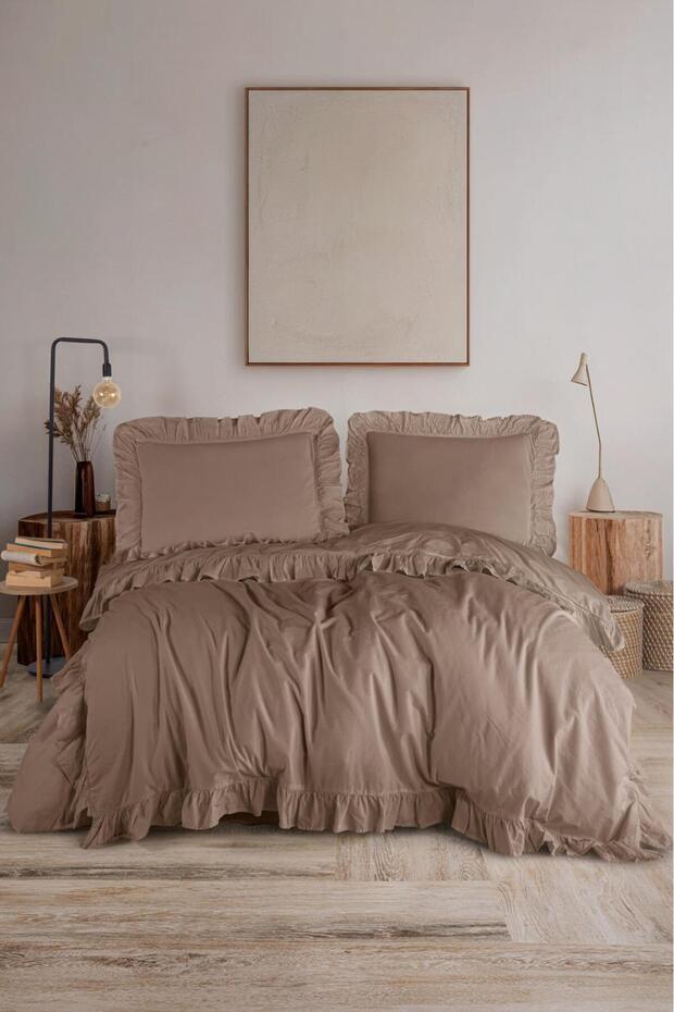 100% Cotton Natural Double Ruffle Duvet Cover Set - Soft and Breathable Fabric