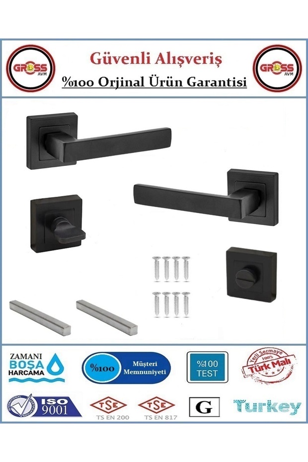 Kare Rozetli Wc Banyo Kapı Kolu - Mat Siyah - 1 Takım Ön ve Arka - 2