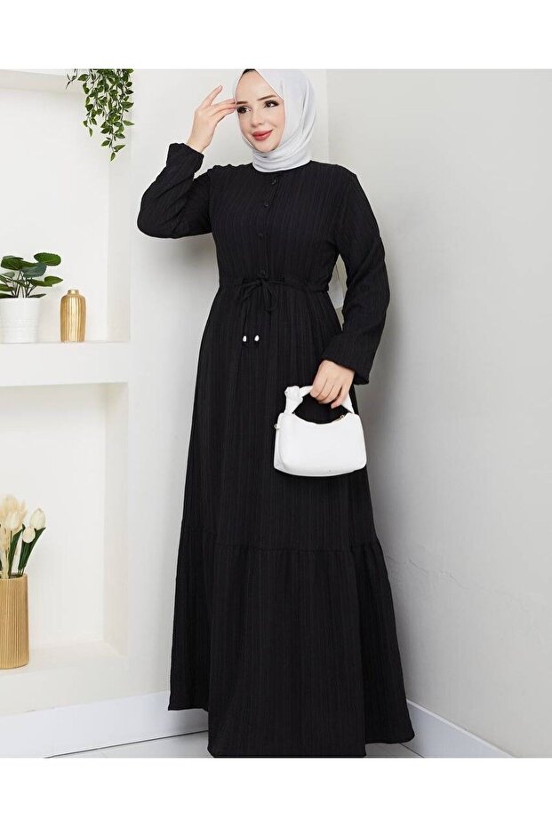 Women's Modest Long Black Crepe Dress