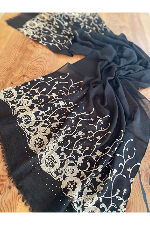 Black Embroidered and Stoned Organic Cotton Imported Shawl 1606083