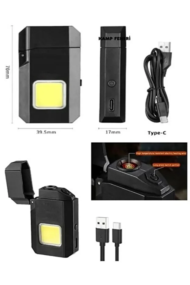 COB Işıklı Elektronik Çakmak - USB Type-C Şarjlı, Güçlü Aydınlatmalı, Rüzgar Geçirmez Tasarım - 2