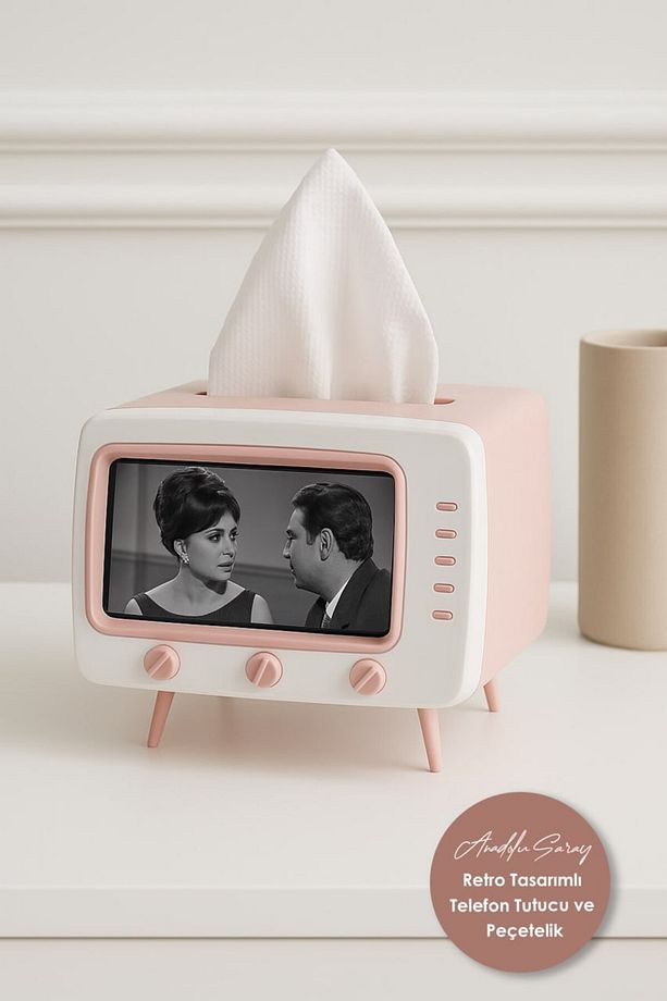 Retro Tasarımlı Telefon Tutucu ve Peçetelik TV Görünümlü Modern Peçete Kutusu - 1