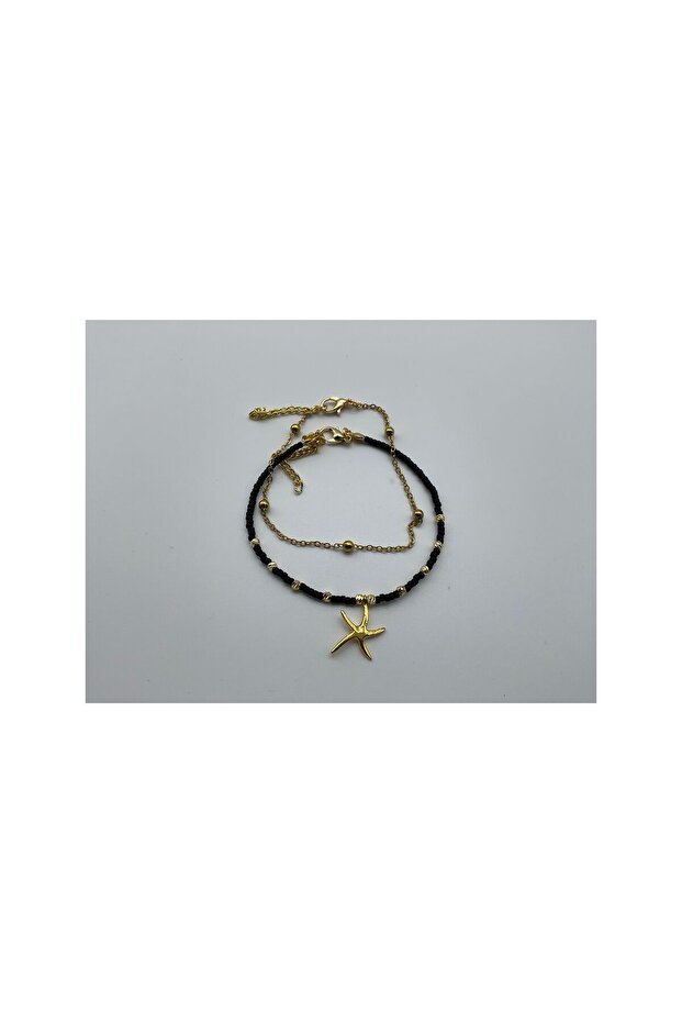 Black Afghan Beaded Gold Top Chain Star Sea Star 2-Piece Anklet