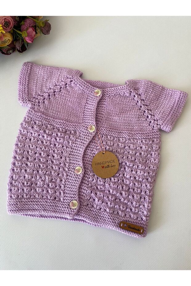 Hand Knitted Lilac Short Sleeve Baby Cardigan | Handmade