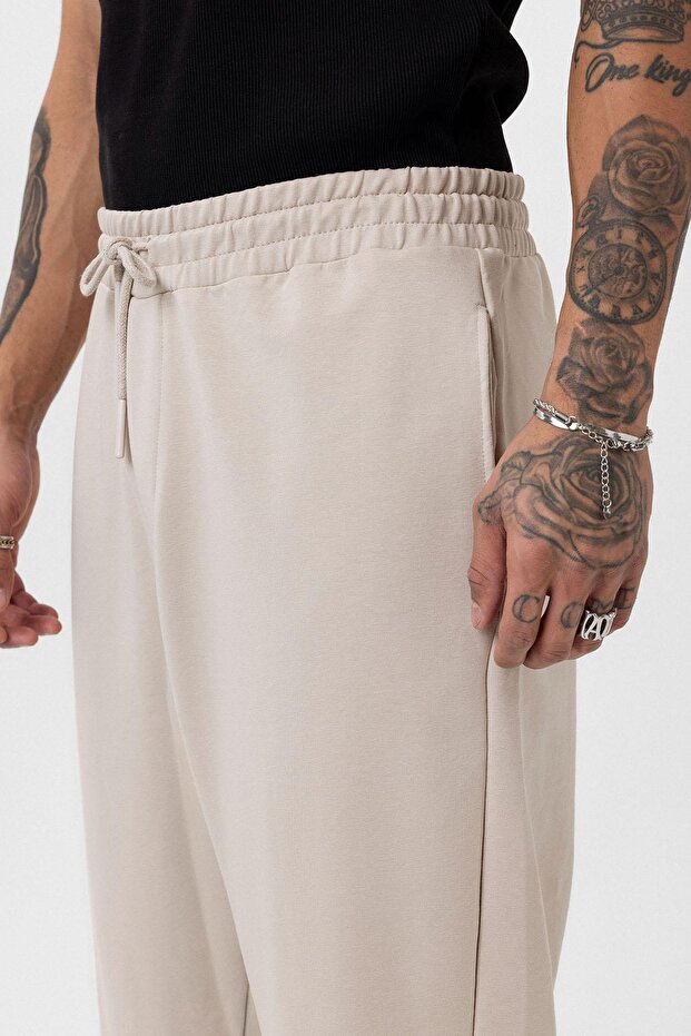 Paça Lastikli Basic Oversize Eşofman Takımı Bej - 7