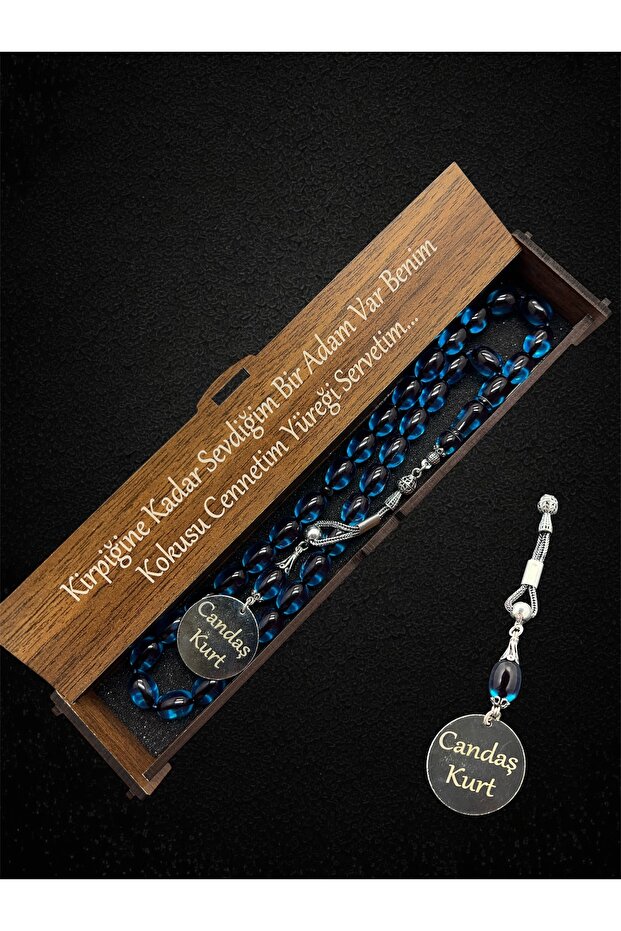 Capsule Cut Name Surname Detailed Silver Tasseled Petrol Blue Fire Amber Prayer Beads