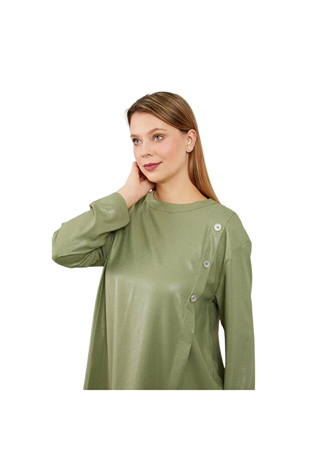 بدلة مزدوجة بياقة دائرية مع تفاصيل على شكل زر - 2