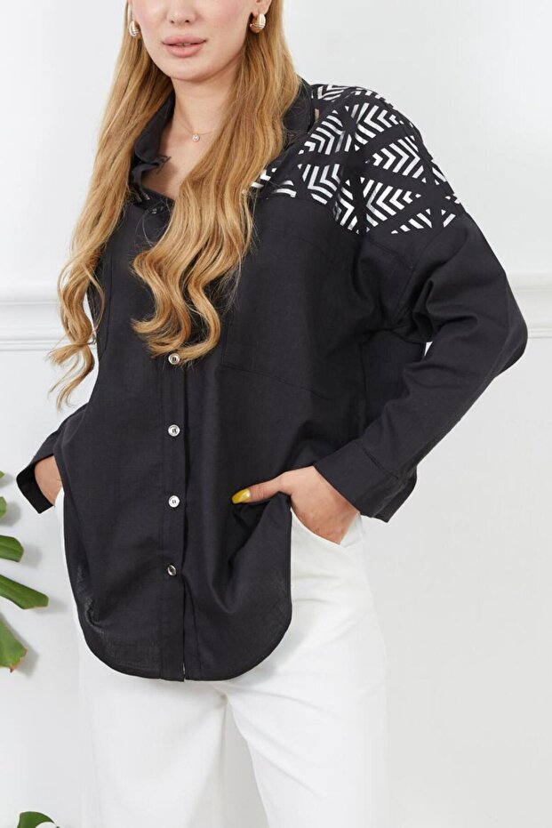 Women's Black Robe Foil Printed Oversized Shirt with Pocket Detail