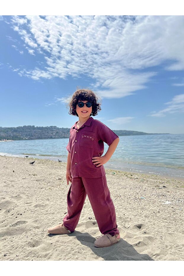 Pocket Embroidered Shirt Trousers Linen Suit 2-7 Years Old Plum