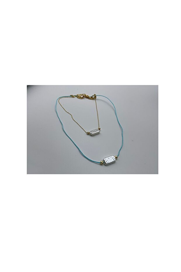Baby Blue Drawn Gold Chain Pearl 2-Piece Necklace