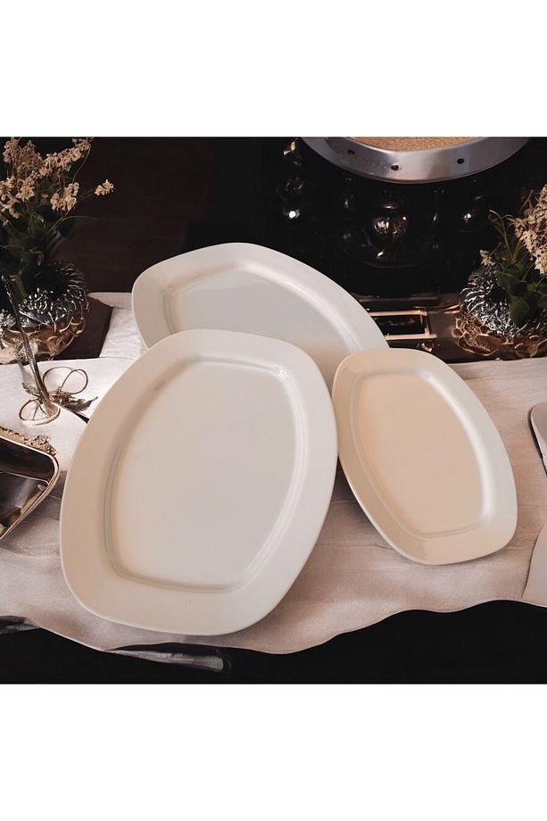 Porselen Değildir Kare 3 Lü Takım Kayık Tabak Salata Sunum Meze Tabağı Set - 6