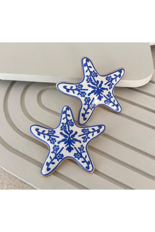 Blue White Ceramic Starfish Earrings(5X5Cm)