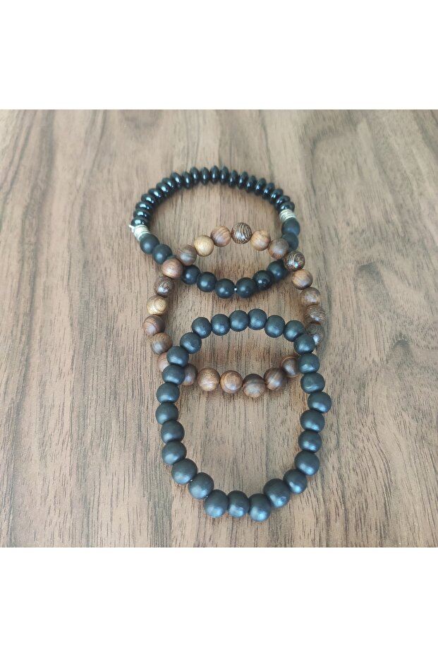 Natural Stone and Wood Bracelet Set of 3