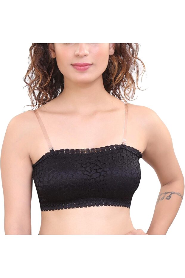 Women's Padded Seamless Floral Lace Tube Bra Strapless Bra with Removable Soft Cups, Free S