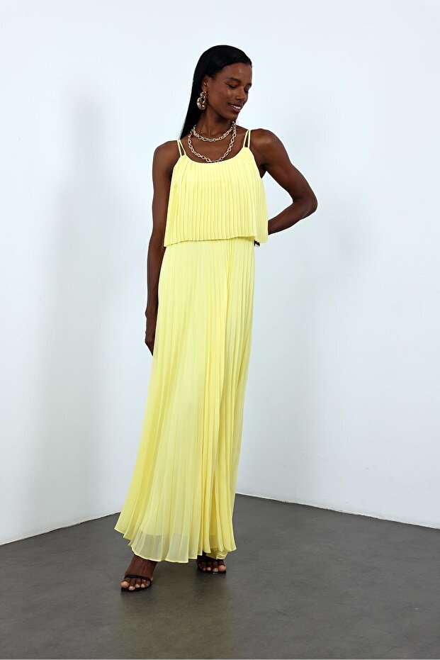 Sarı Piliseli Şifon Elbise 00778 - 3