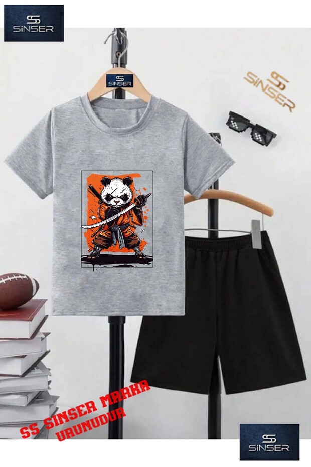Kids Unisex “Panda Ninja Sword“ Custom Printed Crew Neck T-Shirt - Shorts Set