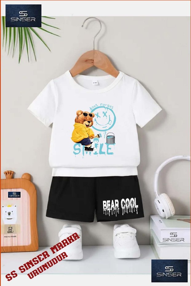 Children's Unisex “Bear Boya Turquoise Simile“ Special Printed Crew Neck T-Shirt - Shorts Set