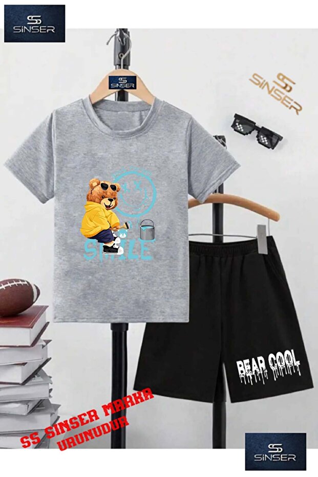 Children's Unisex “Bear Boya Turquoise Simile“ Special Printed Crew Neck T-Shirt - Shorts Set