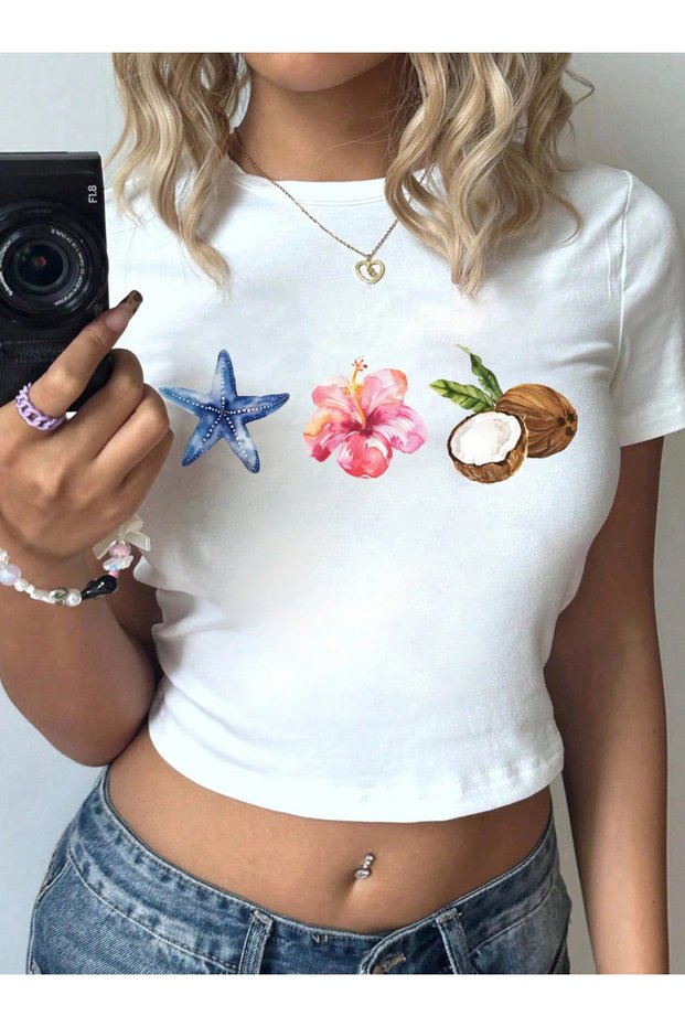Women's Crop T-Shirt with White Tropical Icon – Summer Seaside Pattern