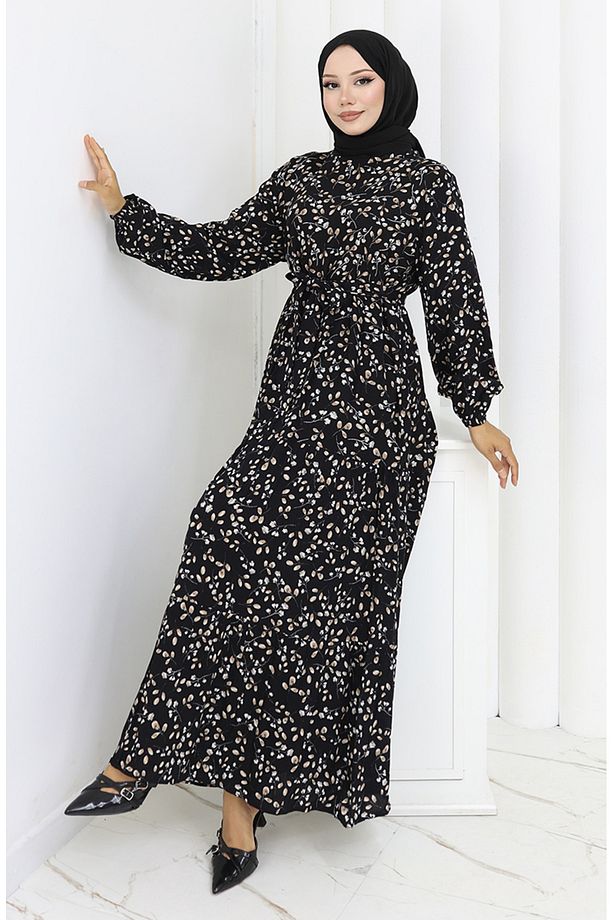 Çiçek Desenli Viskon Elbise 0113-02 Siyah - 1